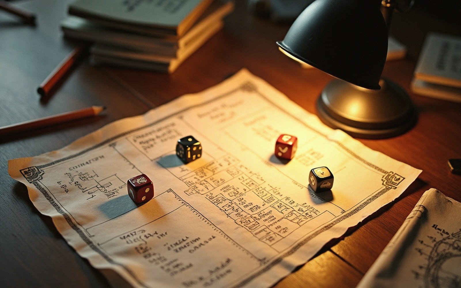 Four dice rest on a hand-drawn character sheet under a desk lamp's glow