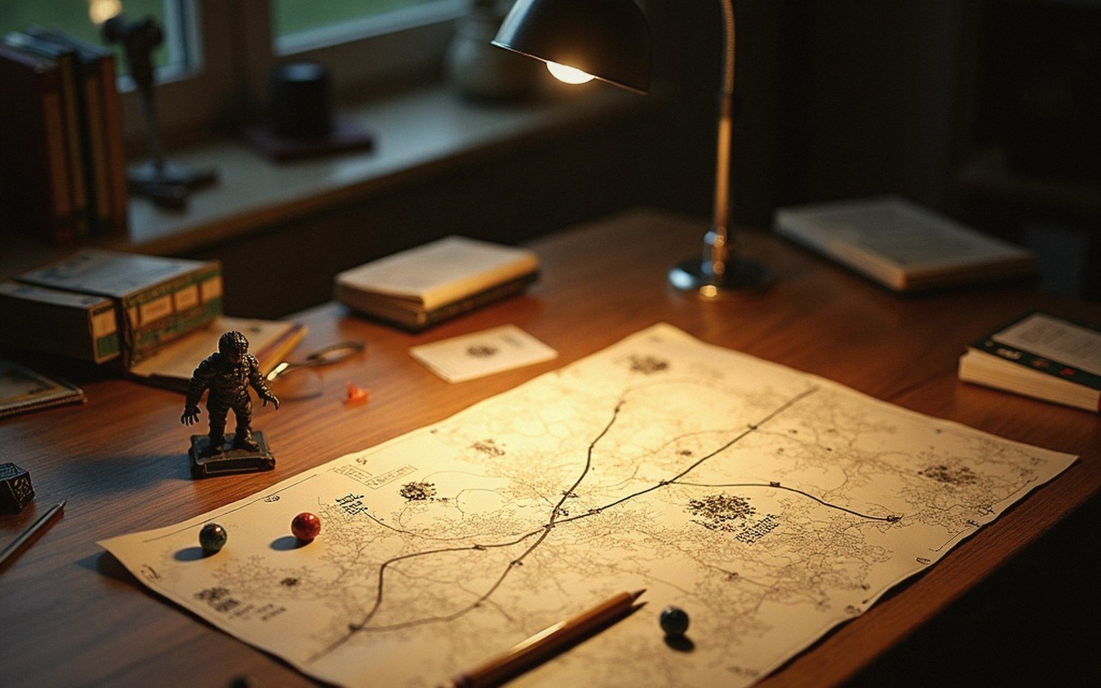 A tabletop map with dice, a miniature figure and books lit by a desk lamp