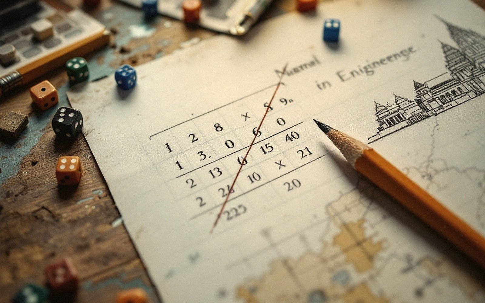 Pencil resting on a handwritten multiplication worksheet surrounded by colorful dice on a table
