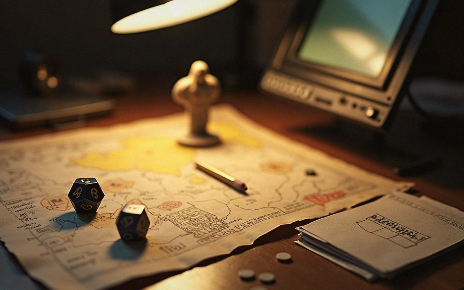 Dice, a miniature figurine and hand-drawn map spread across a tabletop under lamplight