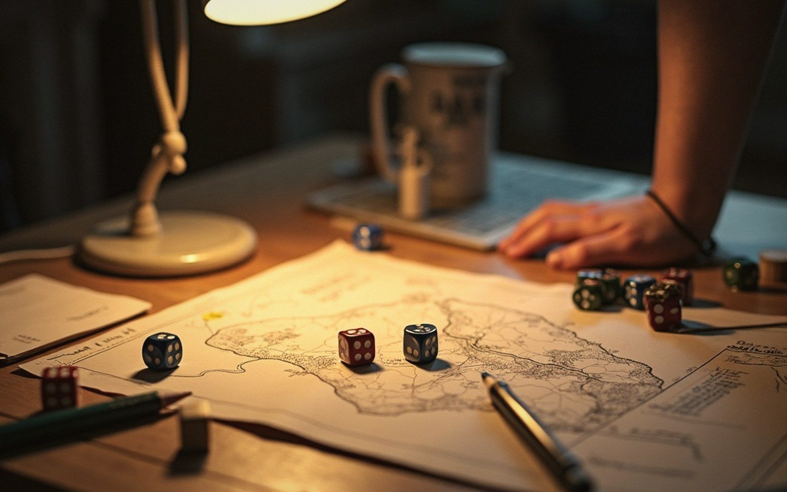 Dice scattered across a hand-drawn map on a desk under lamplight, with a hand and mug nearby