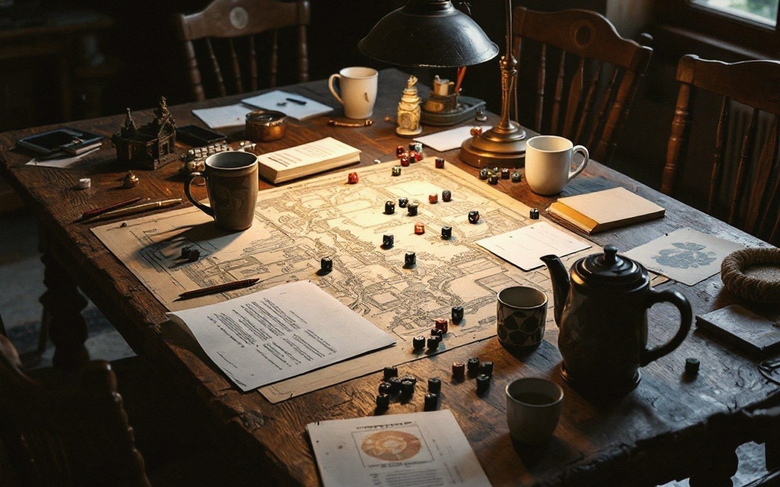 A wooden table holds a dungeon map, dice, mugs and a teapot under lamplight