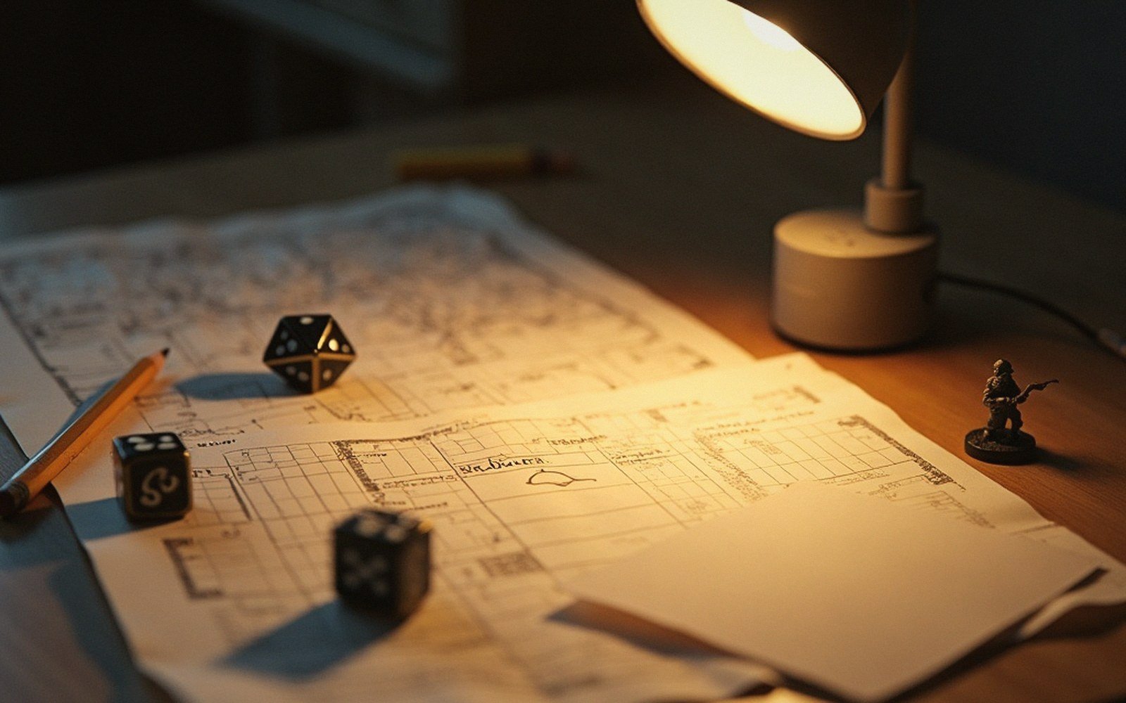 Dice and a miniature figure sit atop a hand-drawn dungeon map under desk lamp light