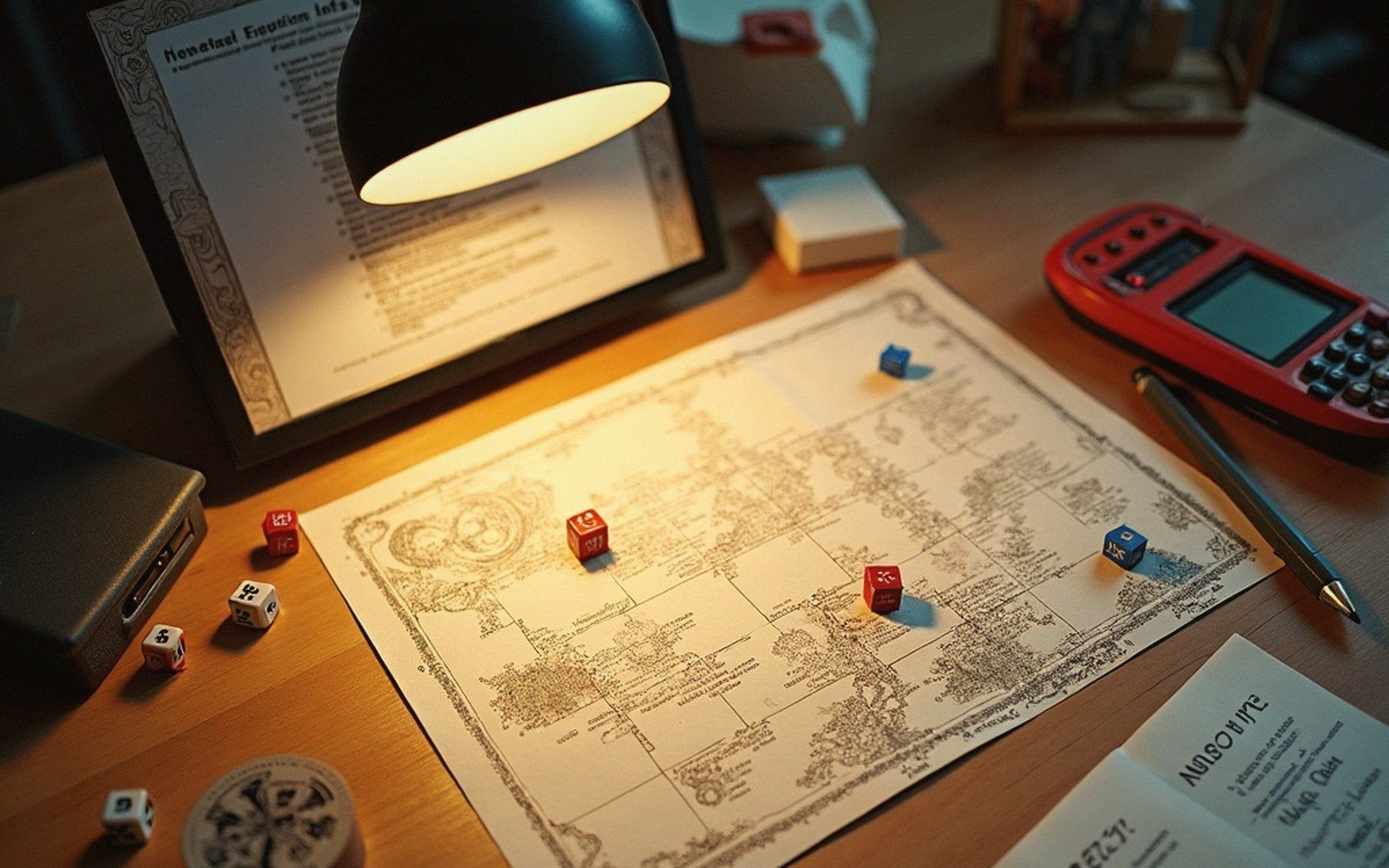 Dice and a calculator rest on a fantasy map beside a lamp-lit rulebook screen