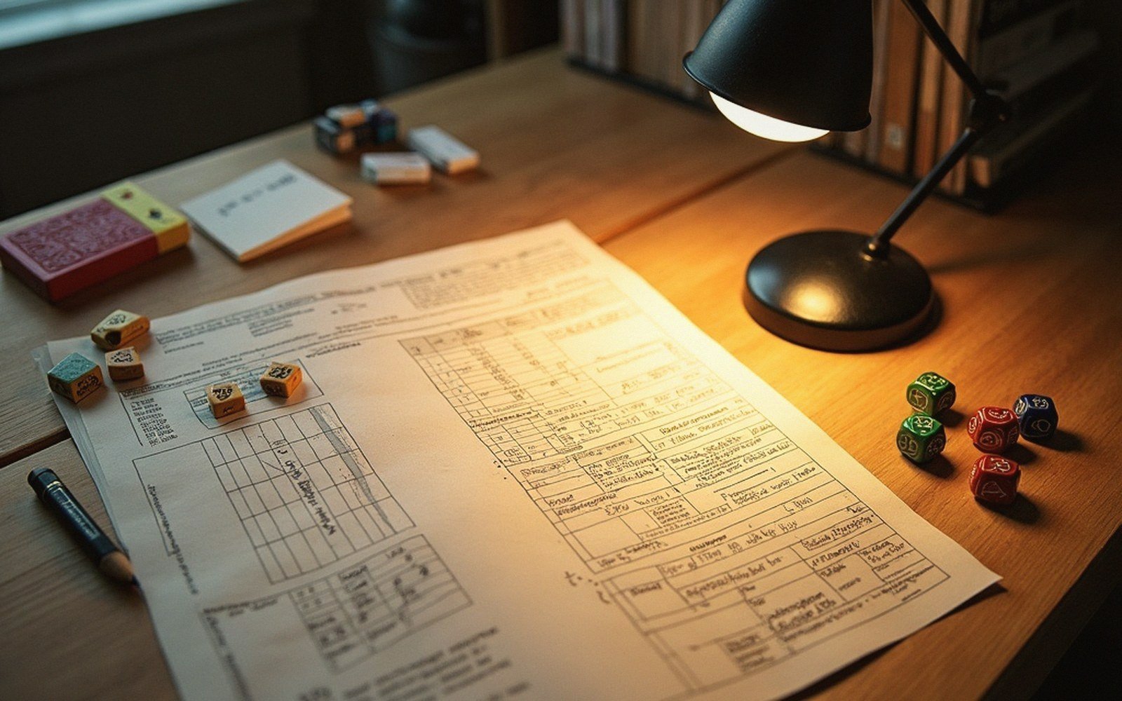 A character sheet, dice, and pencil sit on a desk lit by a lamp