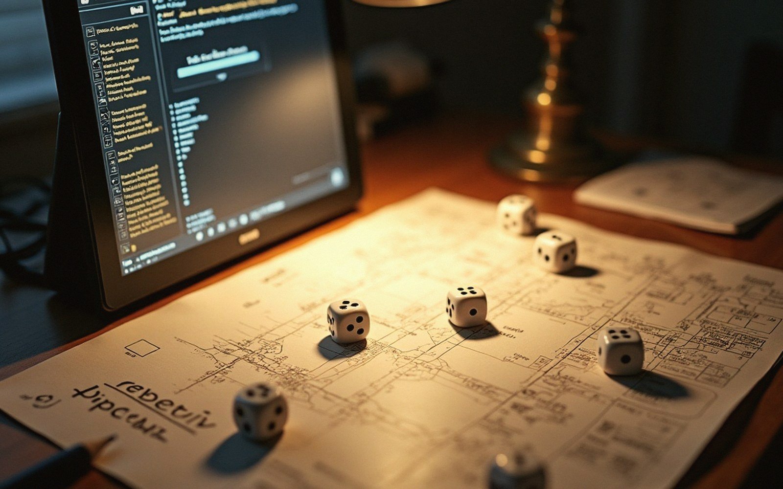 Dice scattered across a hand-drawn map beside a laptop displaying code, lit by a desk lamp