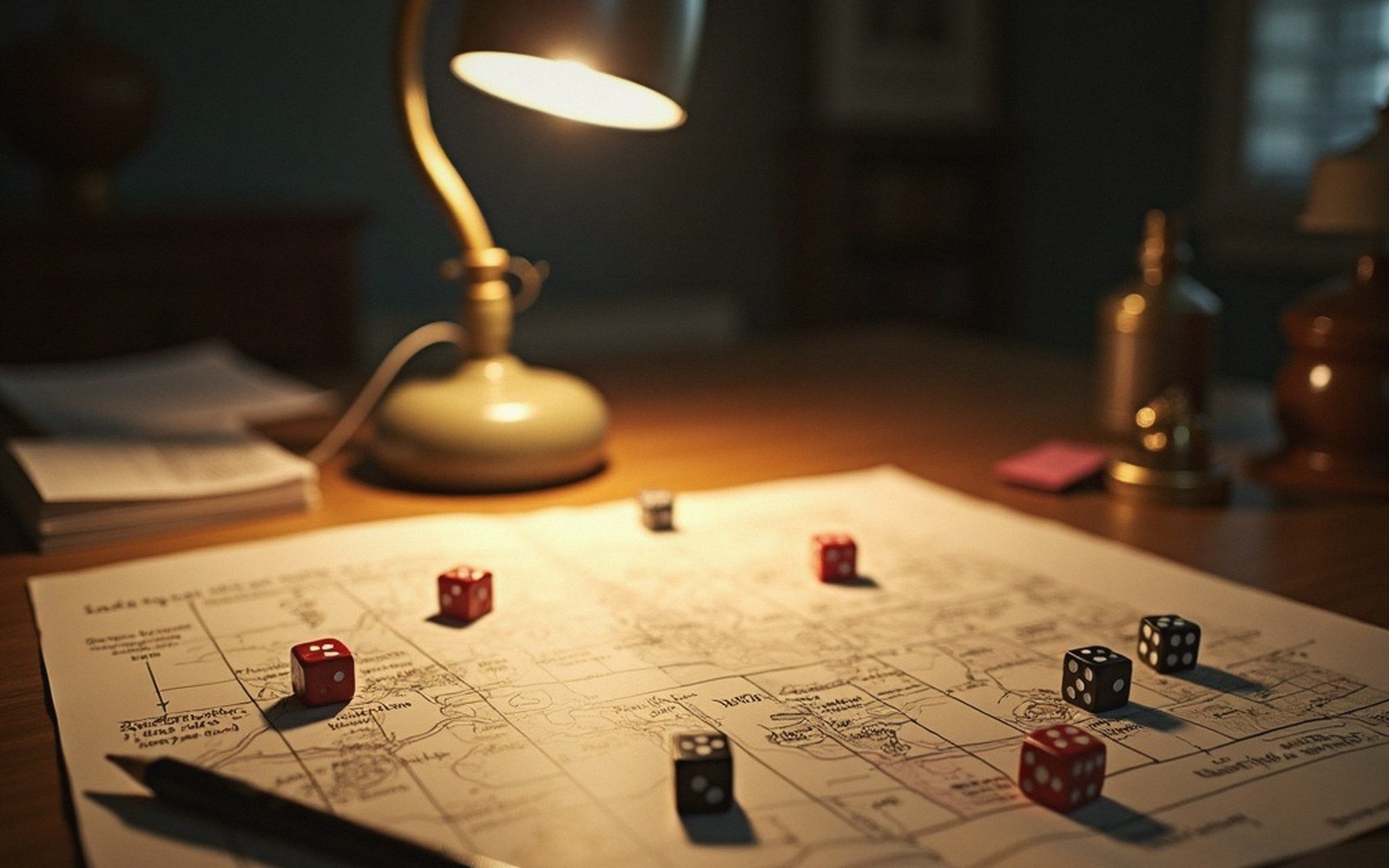 Dice scattered across a hand-drawn map under a desk lamp's glow