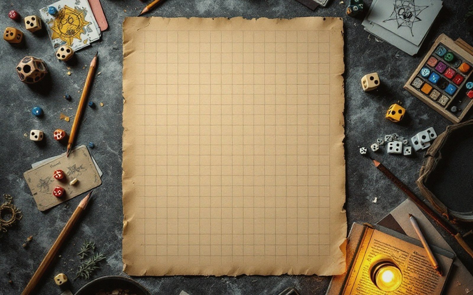 Blank grid paper surrounded by dice, pencils, character cards and a glowing candle
