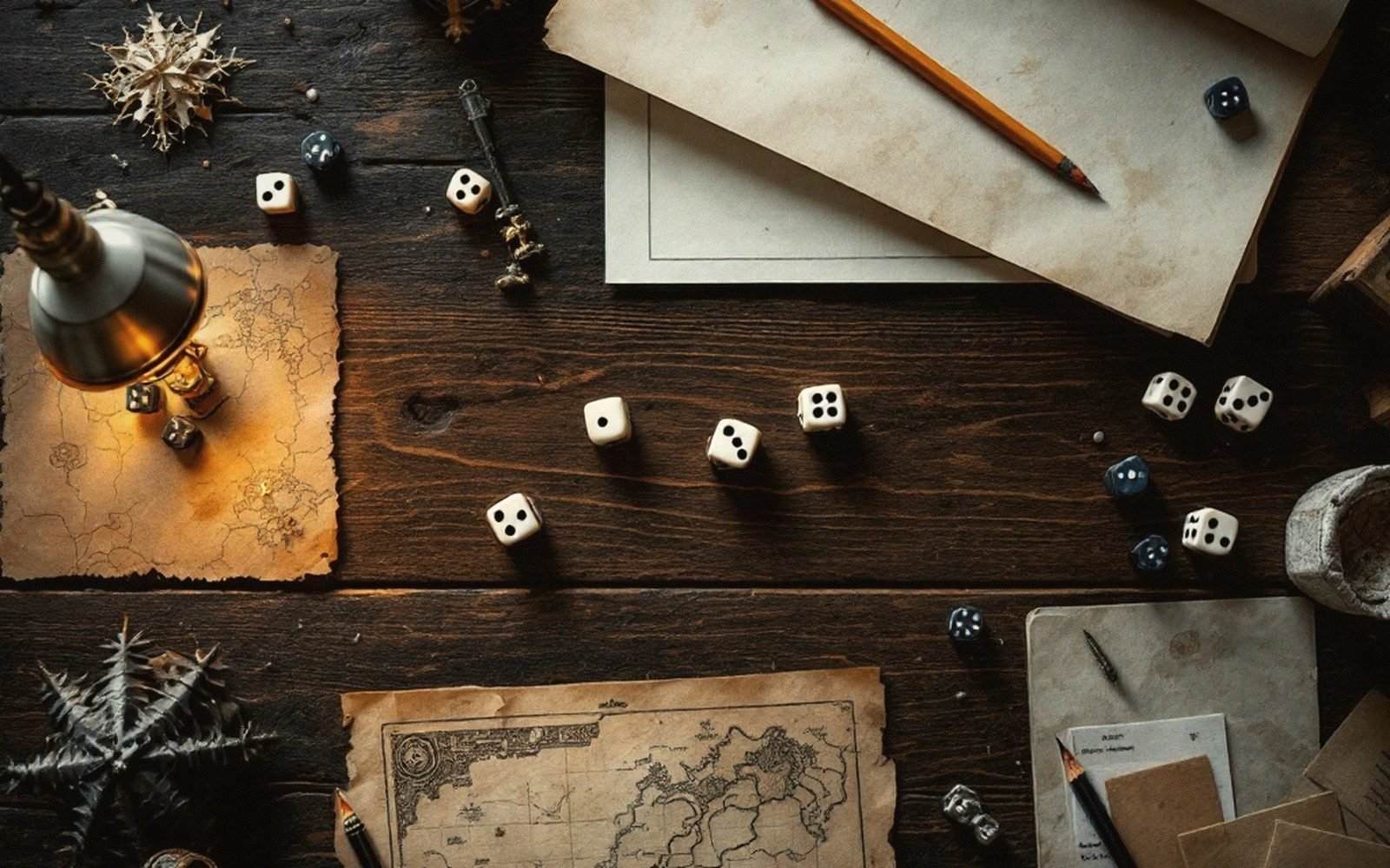 Dice, aged maps, a lantern and pencils scattered across a wooden tabletop