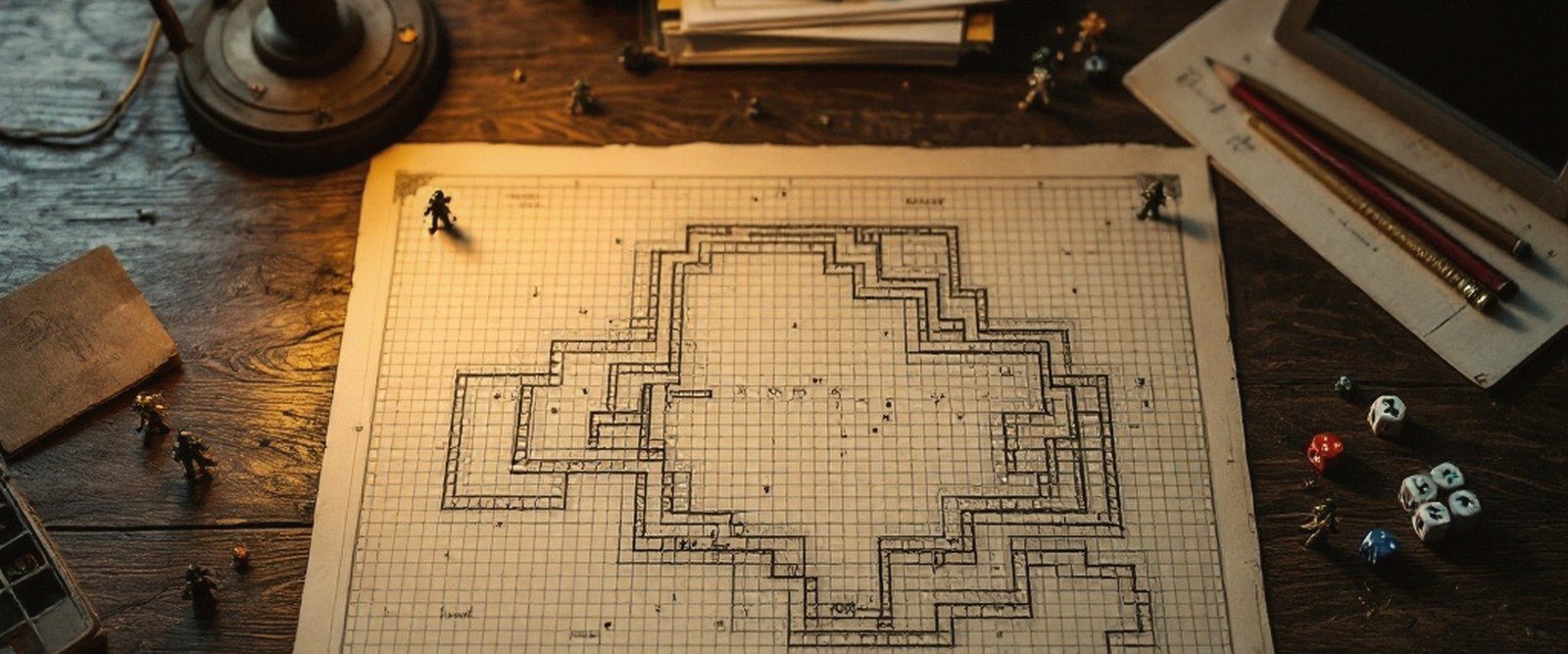 Hand-drawn dungeon map on graph paper surrounded by miniature figures, dice and pencils